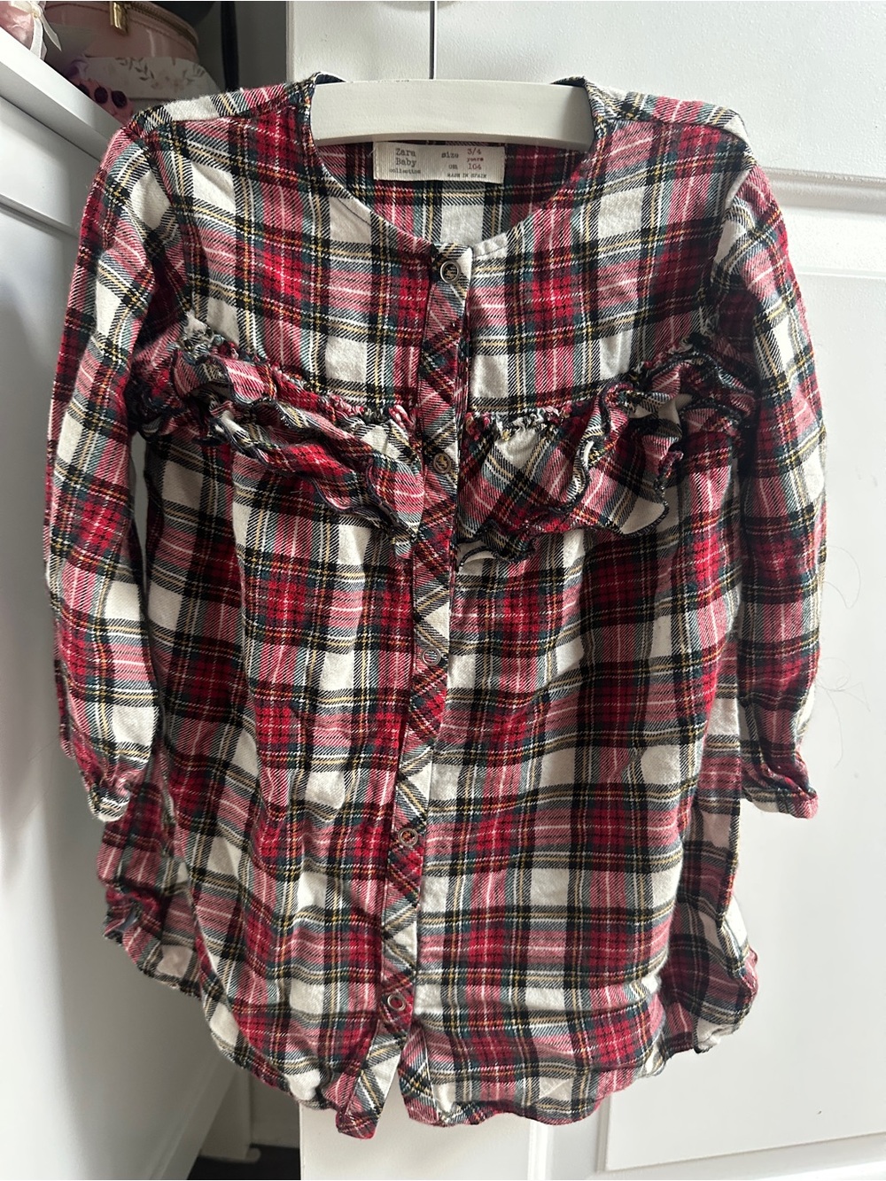 Zara Christmas Plaid Ruffle Button-Front Kids Top - Red & White Sz 4T